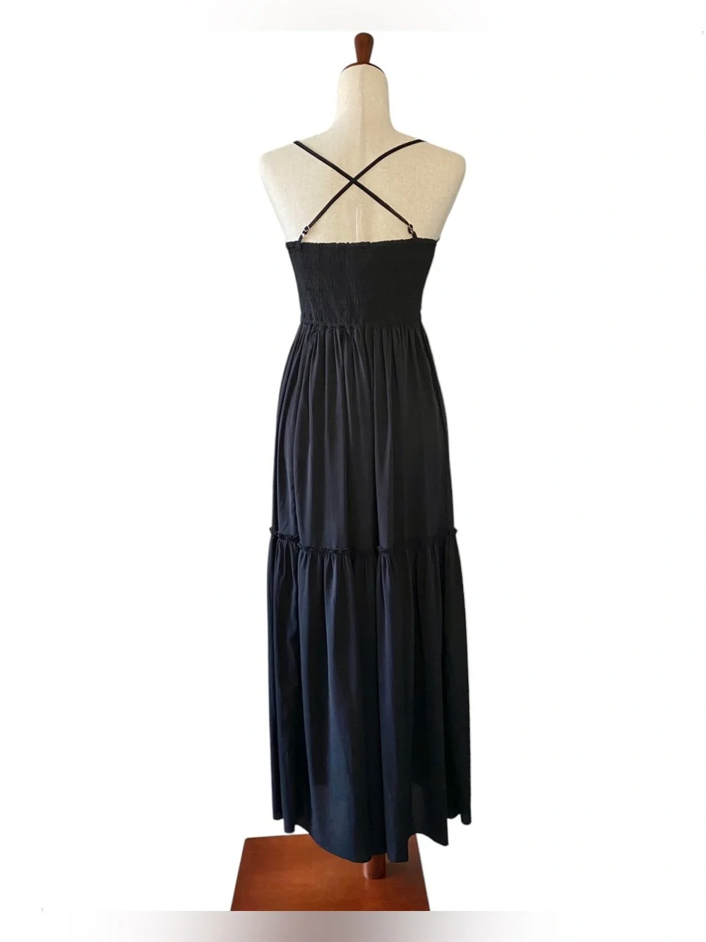Abercrombie & Fitch Black Embroidered Maxi Dress S Cross Back Tiered Boho Hemmed
